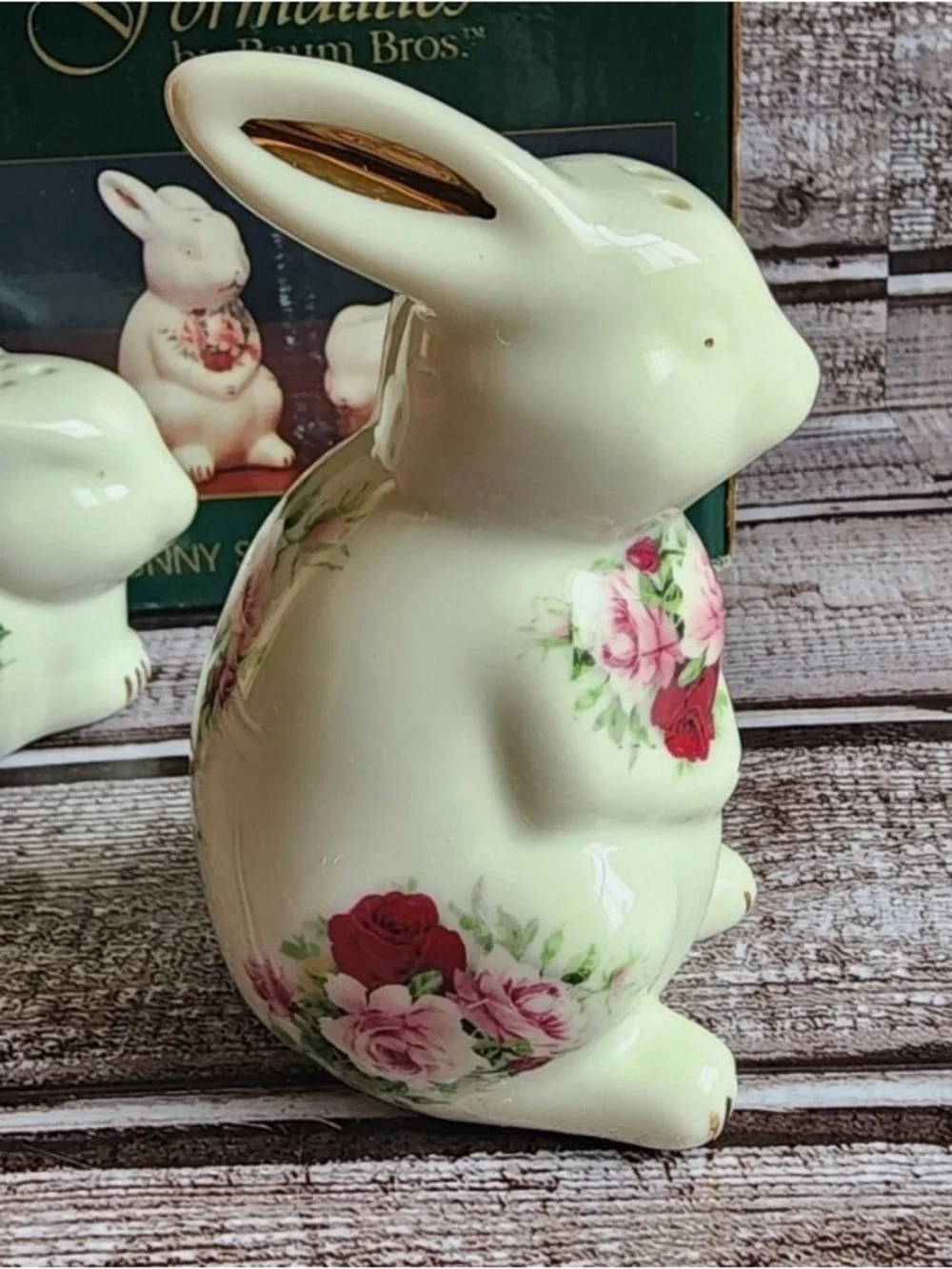 Vintage Victorian Rose Porcelain Bunny Salt and Pepper Shakers